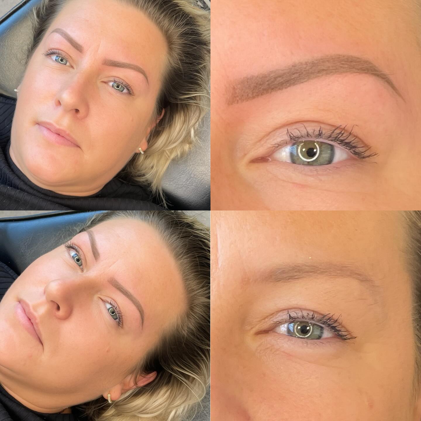 Before and after results of semi-permanent eyebrow treatment by Contour Beauty Aesthetics, showcasing natural-looking, defined brows with precise shaping and soft shading.