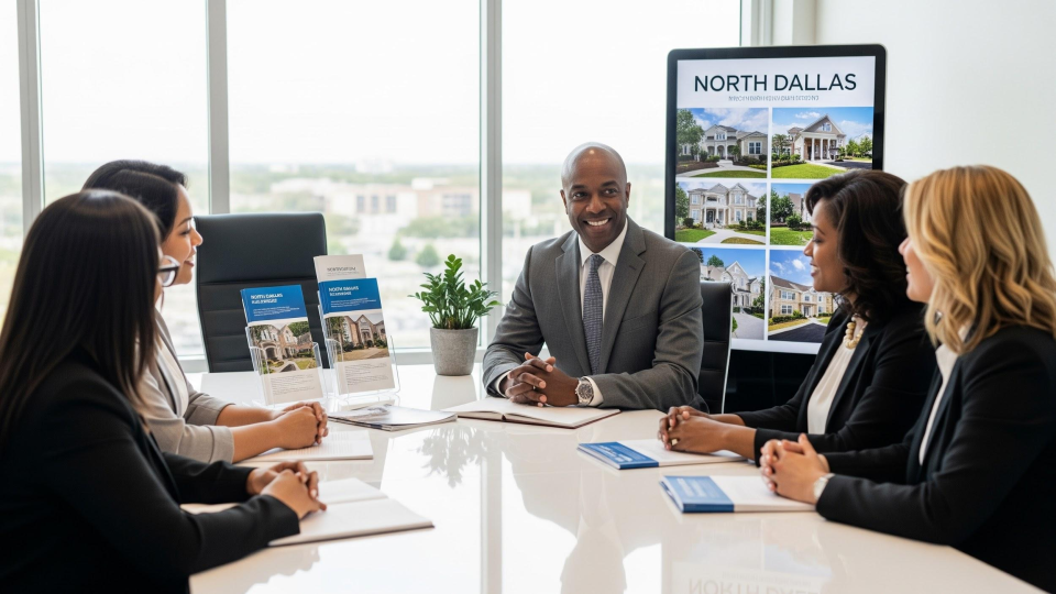 A real estate team in a professional meeting discussing North Dallas properties, with brochures and a digital display showcasing home listings in the background. A real estate team in a professional meeting discussing North Dallas properties, with brochures and a digital display showcasing home listings in the background.