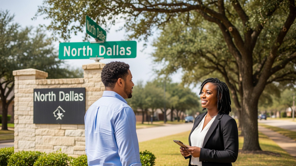 A real estate agent and a client talking near a “North Dallas” neighborhood sign on a sunny day, with tree-lined streets and homes in the background. A real estate agent and a client talking near a “North Dallas” neighborhood sign on a sunny day, with tree-lined streets and homes in the background.