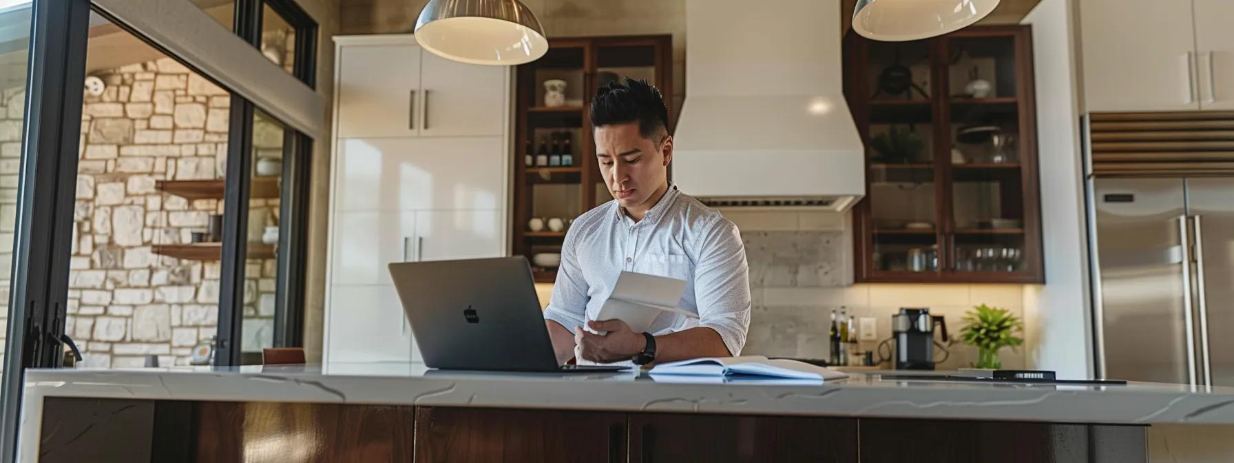 A focused man reviews paperwork and real estate listings at his kitchen island, weighing the decision to rent or buy a home in Prosper, Frisco, or Celina, Texas. A focused man reviews paperwork and real estate listings at his kitchen island, weighing the decision to rent or buy a home in Prosper, Frisco, or Celina, Texas.