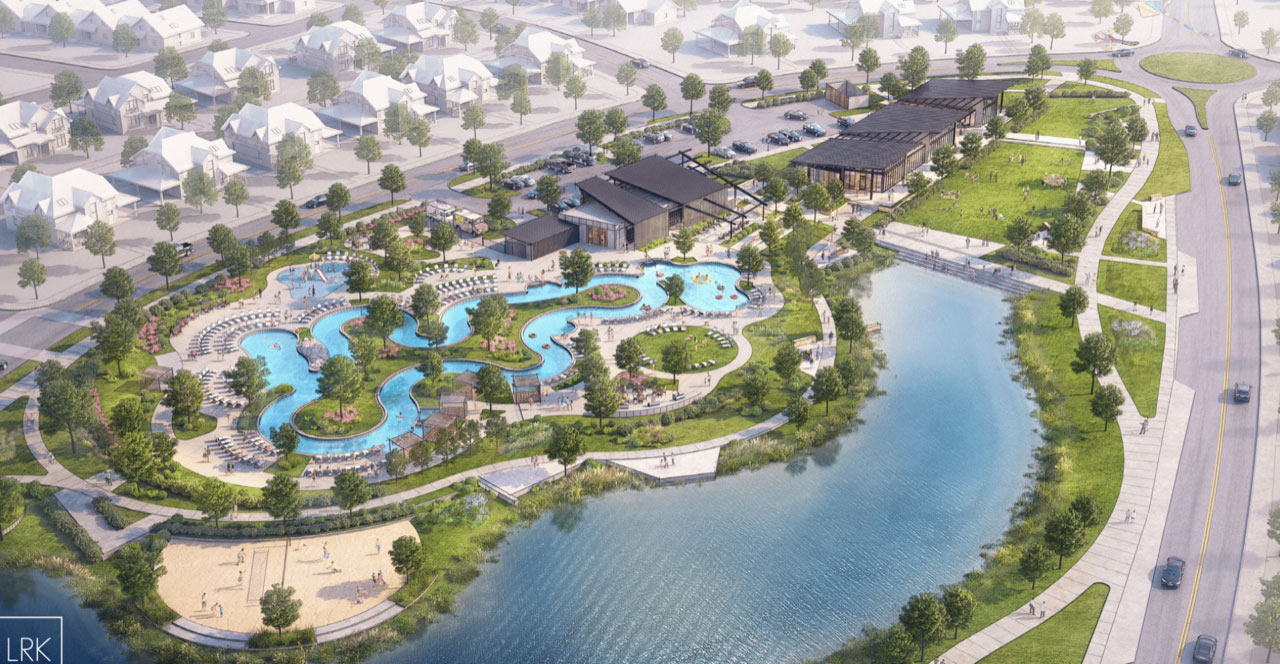 a vibrant community gathering in mosaic, prosper tx, showcases families enjoying modern amenities, with children splashing in a sparkling pool and neighbors chatting in inviting, well-designed shared spaces.