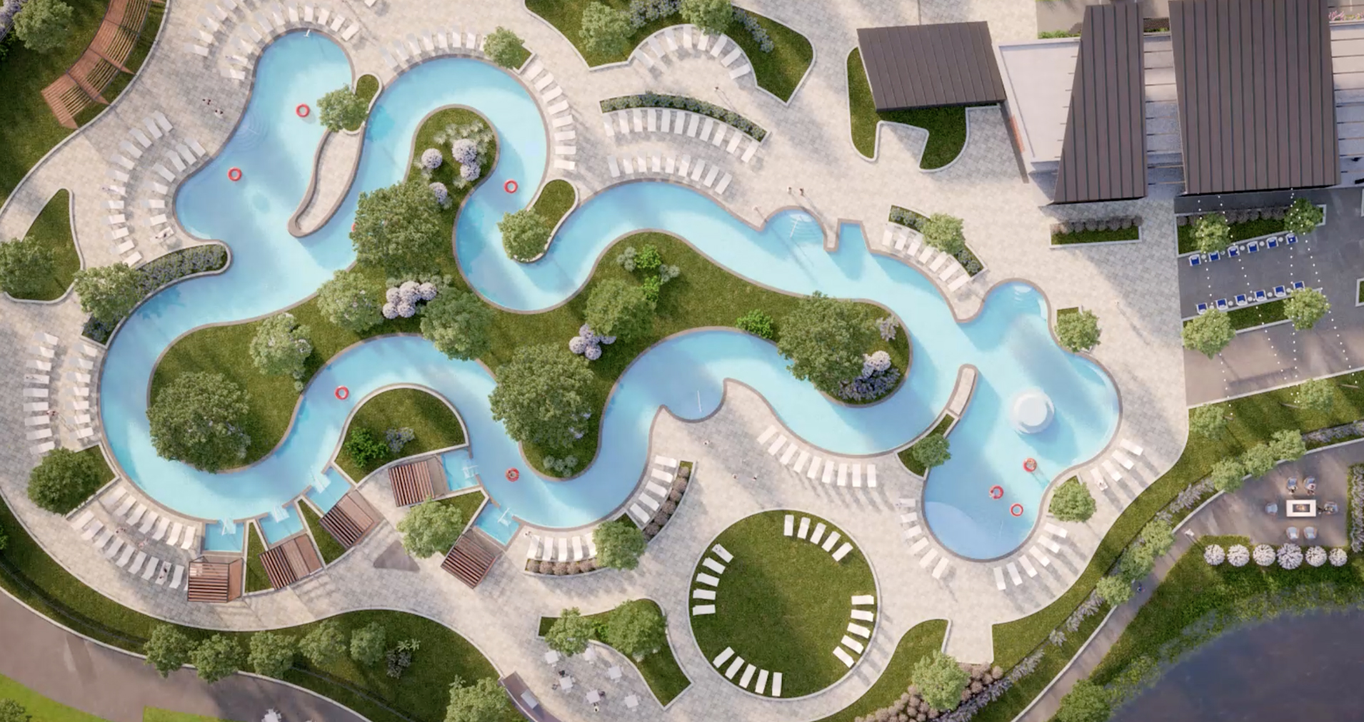 Digital rendering of the Mosaic community center in Prosper, TX, showing a modern building with large glass windows, wood-accented roofs, and an open green space where families and children are enjoying outdoor activities.