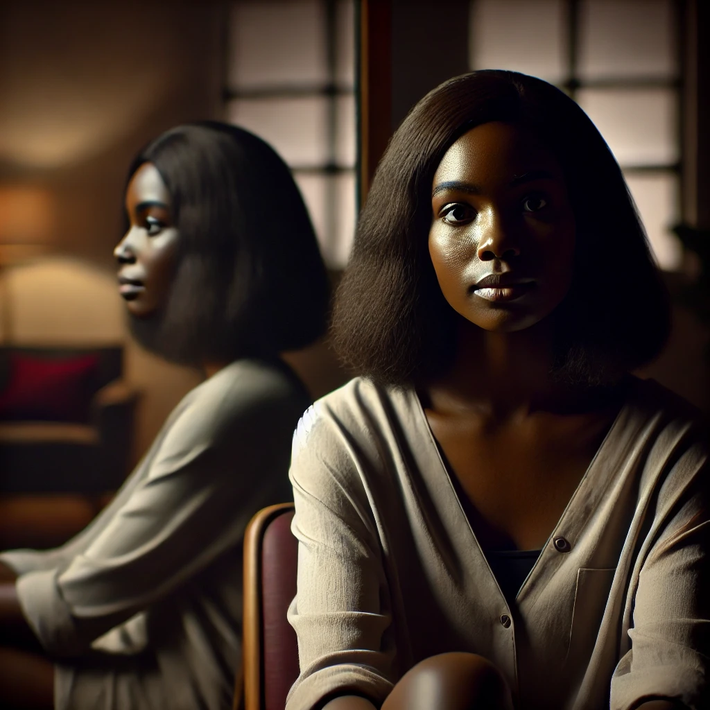 A woman sits calmly indoors with a soft, thoughtful expression. Behind her, a mirror reflects her image, symbolising self-reflection, introspection, and inner awareness. A woman sits calmly indoors with a soft, thoughtful expression. Behind her, a mirror reflects her image, symbolising self-reflection, introspection, and inner awareness.