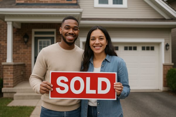 Happy couple holding sold sign in front of their new home after closing Happy couple holding sold sign in front of their new home after closing