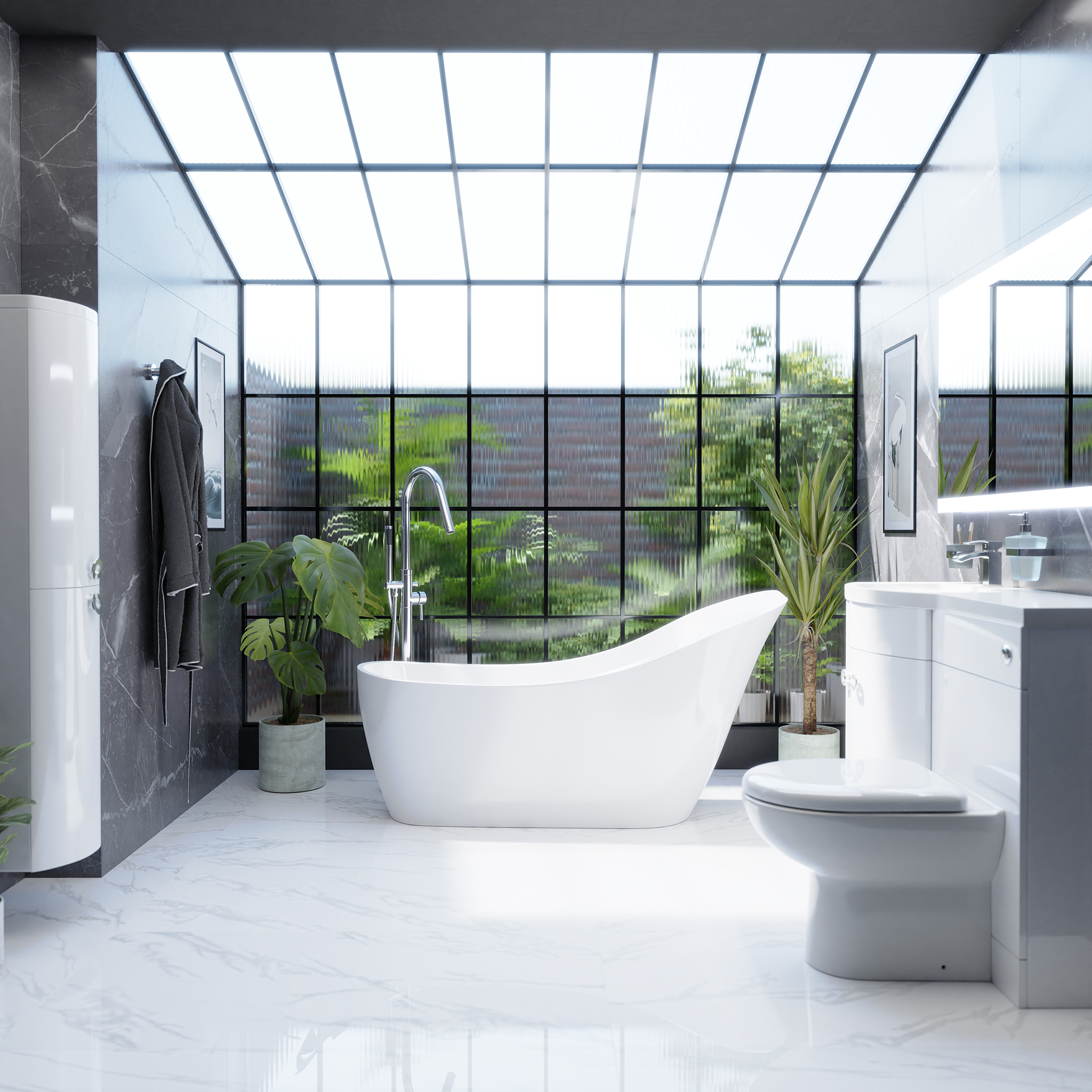 Tranquil spa-like bathroom featuring a freestanding tub, natural stone accents, soft neutral tones, lush green plants, and warm diffused lighting for ultimate relaxatio