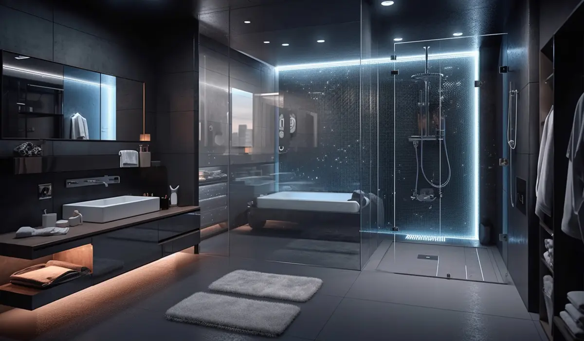 Modern high-tech bathroom with a smart mirror, touchless faucets, LED mood lighting, and a sleek rainfall shower, blending innovation with luxury design.