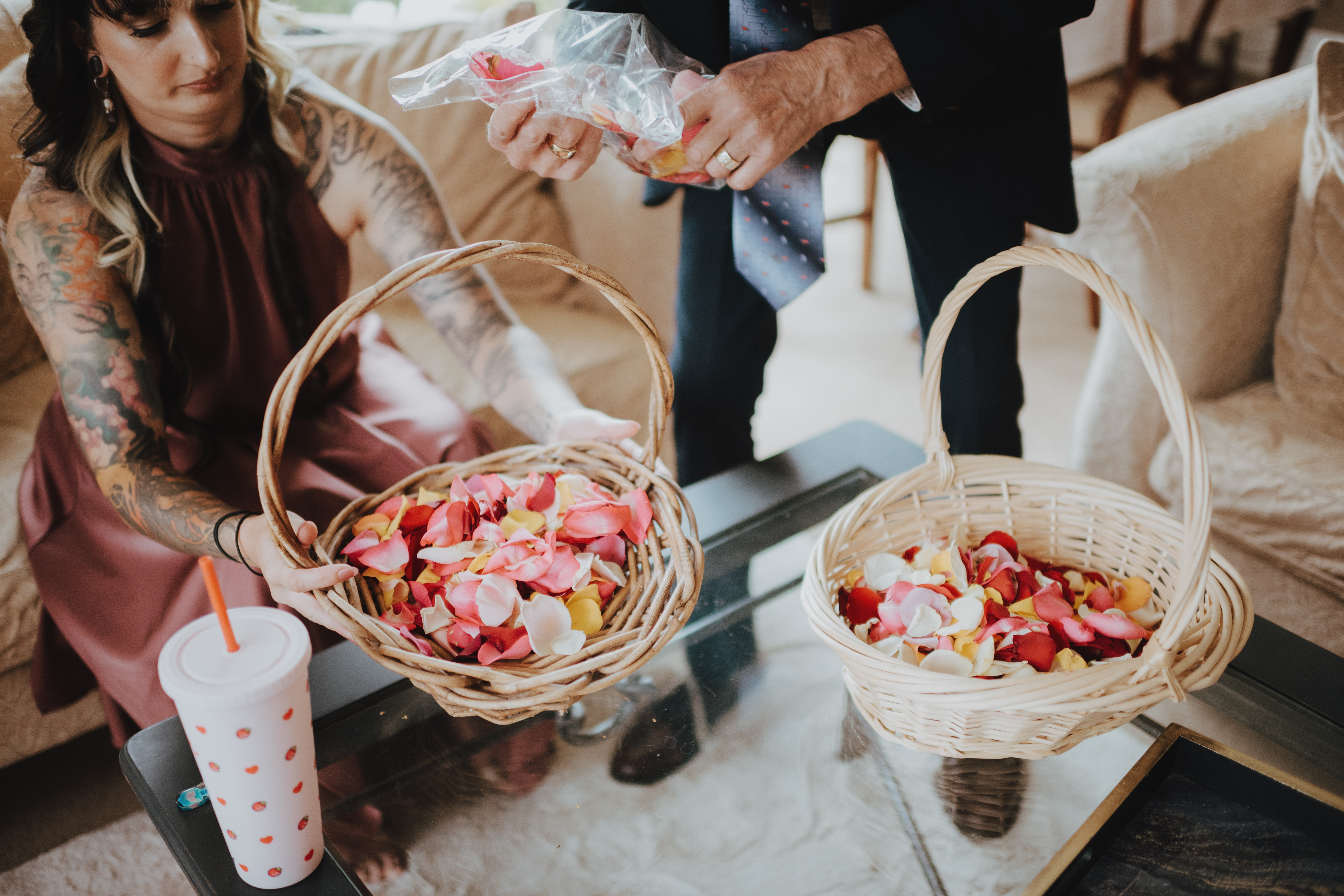 organising the rose petal confetti