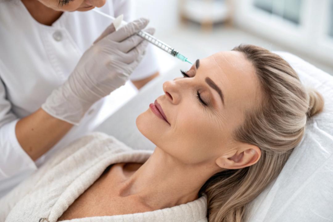 A medical professional carefully injecting Botox into a relaxed patient’s forehead in a clean, well-lit treatment room with a calm atmosphere. A medical professional carefully injecting Botox into a relaxed patient’s forehead in a clean, well-lit treatment room with a calm atmosphere.