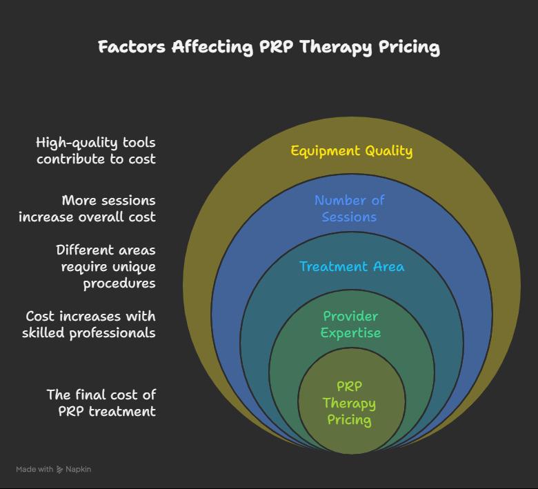 Infographic showing factors affecting PRP therapy pricing including provider expertise, treatment area, number of sessions, equipment quality, and geographic variation.