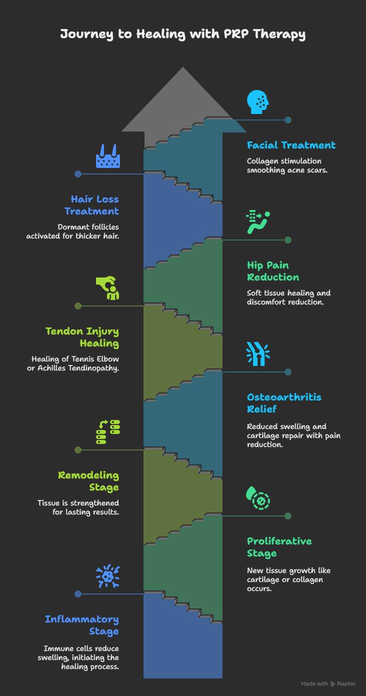 Infographic showing PRP therapy mechanism, healing stages, effects on joints, tendons, hair, and skin, and regenerative benefits for faster recovery.