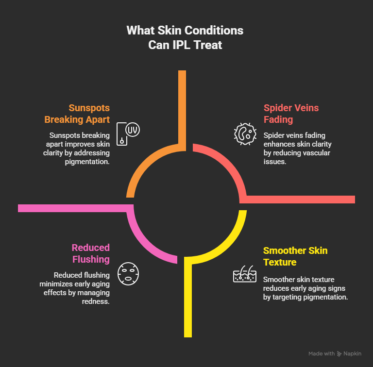 Infographic showing how IPL treatment improves pigmentation, redness, spider veins, and early signs of aging for clearer, more even skin.