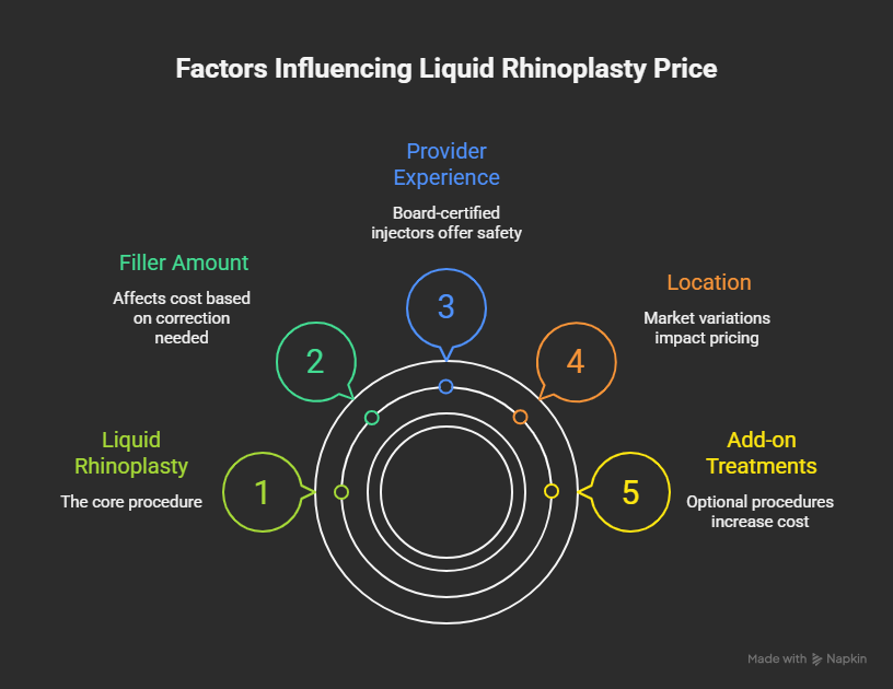 Infographic explaining the factors that affect liquid rhinoplasty cost, including filler amount, injector experience, filler type, location, and optional add-on treatments.