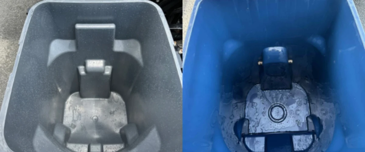 Before and after comparison of trash bin interior showing deep cleaning results
