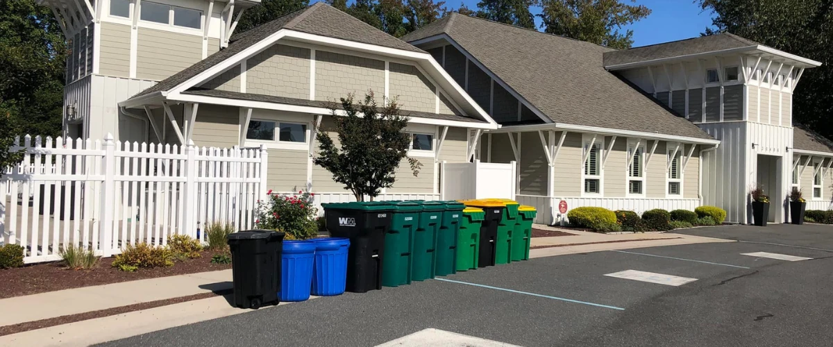 Row of trash, recycling, and yard waste bins lined up curbside in residential community