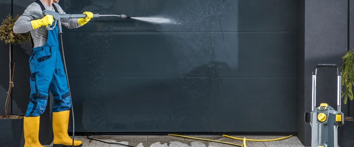 Professional pressure washing service cleaning modern commercial building exterior wall Professional pressure washing service cleaning modern commercial building exterior wall