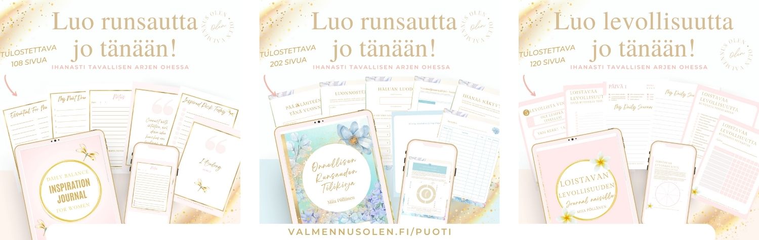 Onnellisen runsauden journal-puodin mallikuvia tulostettavista päivyreistä ja harjoituskirjoista