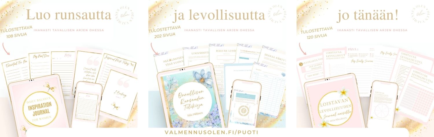 Onnellisen runsauden journal-puodin mallikuvia tulostettavista päivyreistä ja harjoituskirjoista