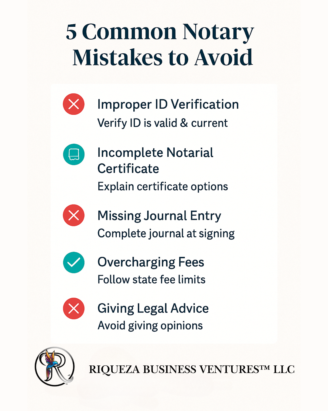 Checklist graphic showing common notary mistakes like missing journal entries and improper ID verification Checklist graphic showing common notary mistakes like missing journal entries and improper ID verification