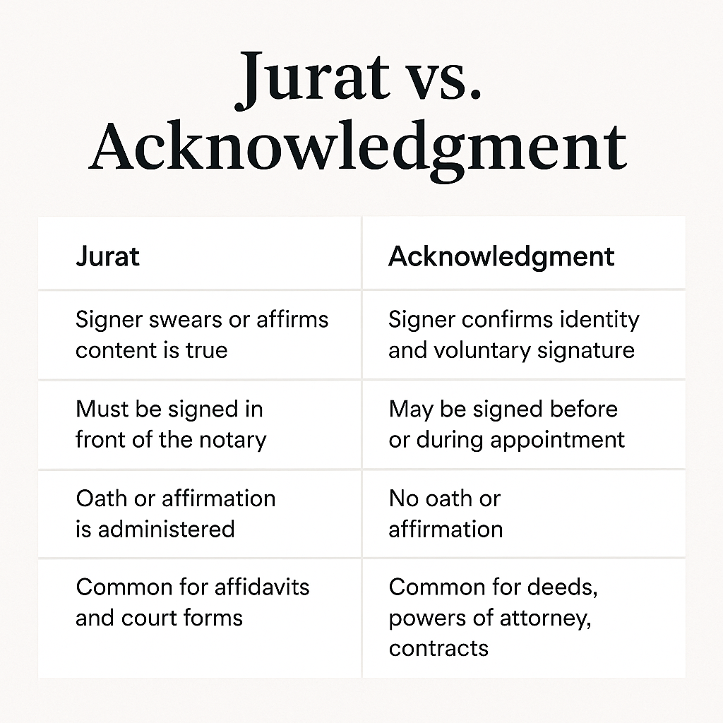 Infographic comparing jurat and acknowledgment in notary public services—includes differences in oath, signature timing, and document use Infographic comparing jurat and acknowledgment in notary public services—includes differences in oath, signature timing, and document use