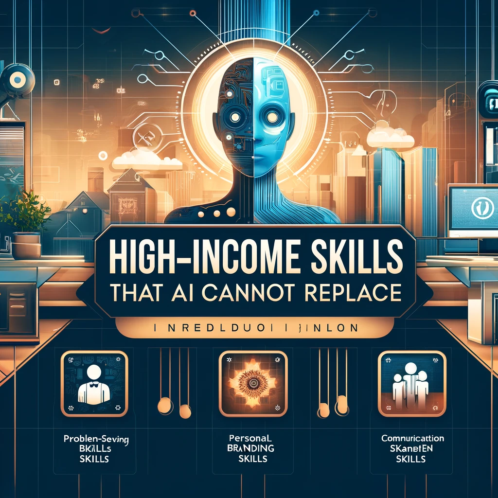 A professional graphic designed for the introduction of a blog about high-income skills that AI cannot replace. The graphic features a futuristic theme with AI elements integrated into a workplace setting. The title 'High-Income Skills That AI Cannot Replace' is prominently displayed at the top. Below it, three icons represent Problem-Solving Skills, Personal Branding Skills, and Communication Skills, each with a brief description. The background includes subtle AI-related imagery such as circuits and digital patterns blended with a modern office environment. The design uses vibrant colors, clean lines, and a professional font.