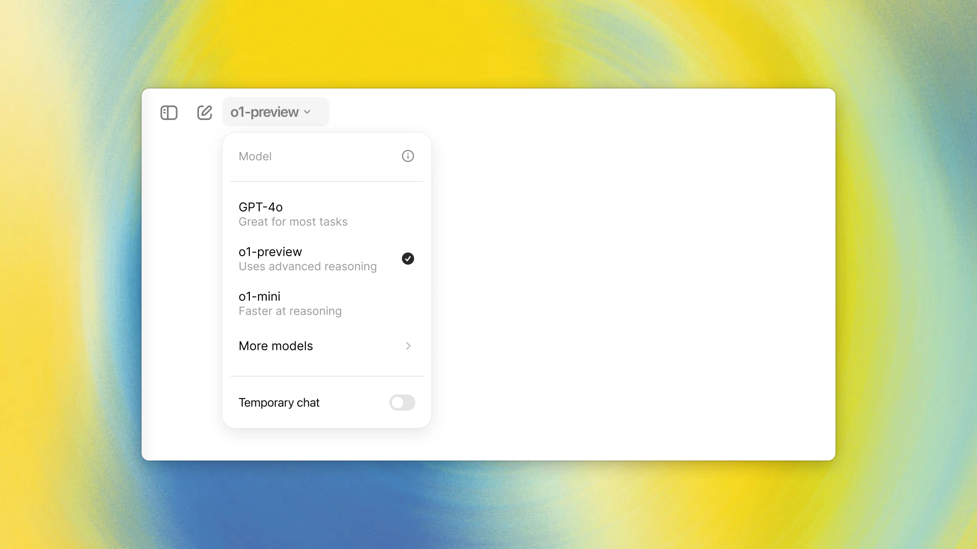 "OpenAI interface showcasing model selection, including 'o1-preview' with advanced reasoning and 'o1-mini' for faster processing, alongside GPT-4 options."