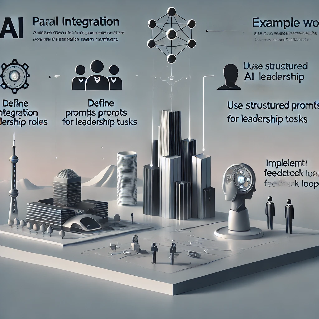 A sleek, minimalist infographic with a futuristic design, showing how AI models like o1-preview and o1-mini can be integrated as senior team members. The image is divided into two sections: the first, 'Practical Integration for Teams,' features simple icons for 'Define AI Leadership Roles,' 'Use Structured Prompts for Leadership Tasks,' and 'Implement Feedback Loops.' The second section, 'Example Workflow,' shows a clean project management platform where o1-preview handles roadmap development and strategic tasks, while o1-mini manages daily task automation. The color scheme is modern, with subtle gradients and high-tech visual elements.