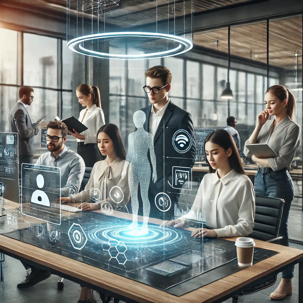 "A group of diverse professionals collaborating in a modern, tech-forward office. They are using advanced tools like holographic displays, AI-powered devices, and virtual assistants. The office environment has a futuristic yet natural feel with sleek, human-centric design and natural lighting, showcasing a balance between technology and human interaction."