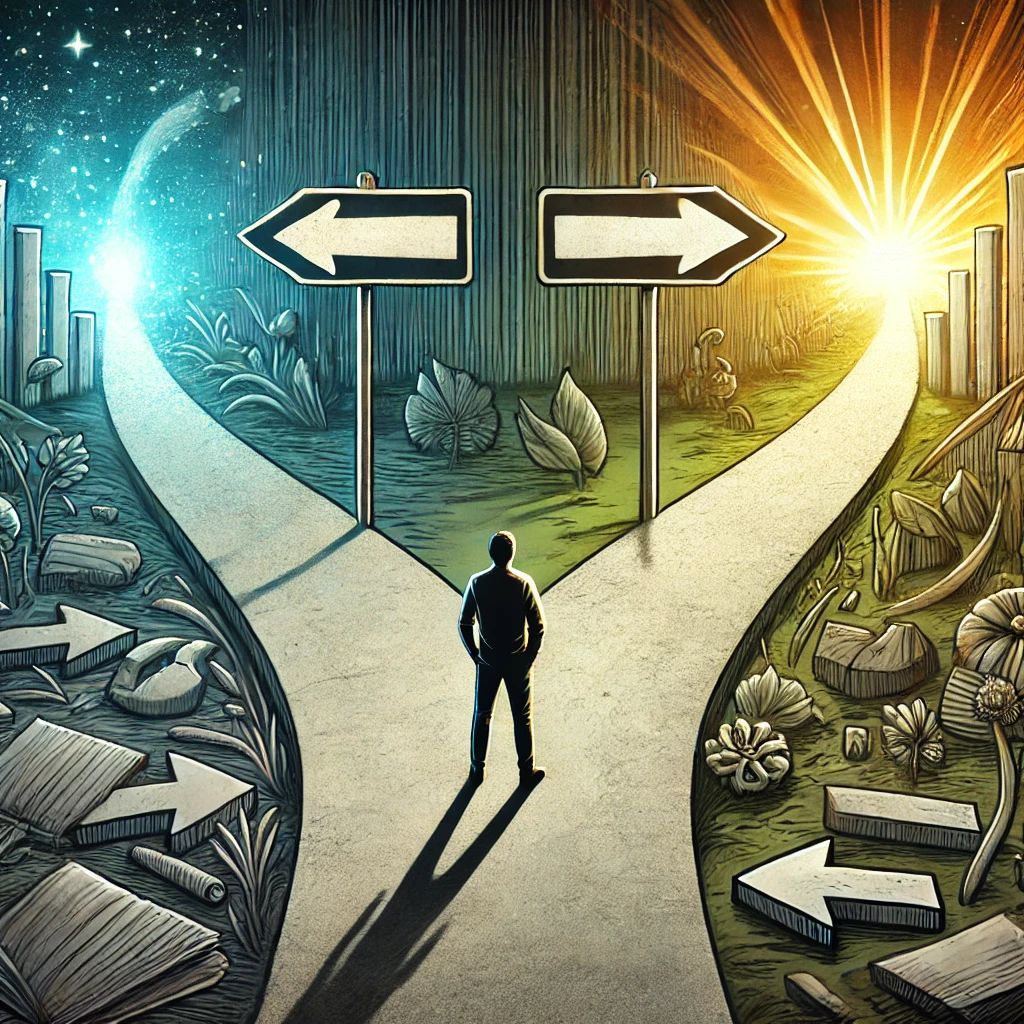 Conceptual illustration titled 'The Hesitation Trap.' A person stands at a crossroads, appearing unsure and hesitant. One path is bright and inviting, symbolizing progress and innovation, while the other path is darker and cluttered, representing stagnation and fear of change. The scene captures the struggle of being stuck between two choices, conveying themes of reluctance, indecision, and the allure of growth.