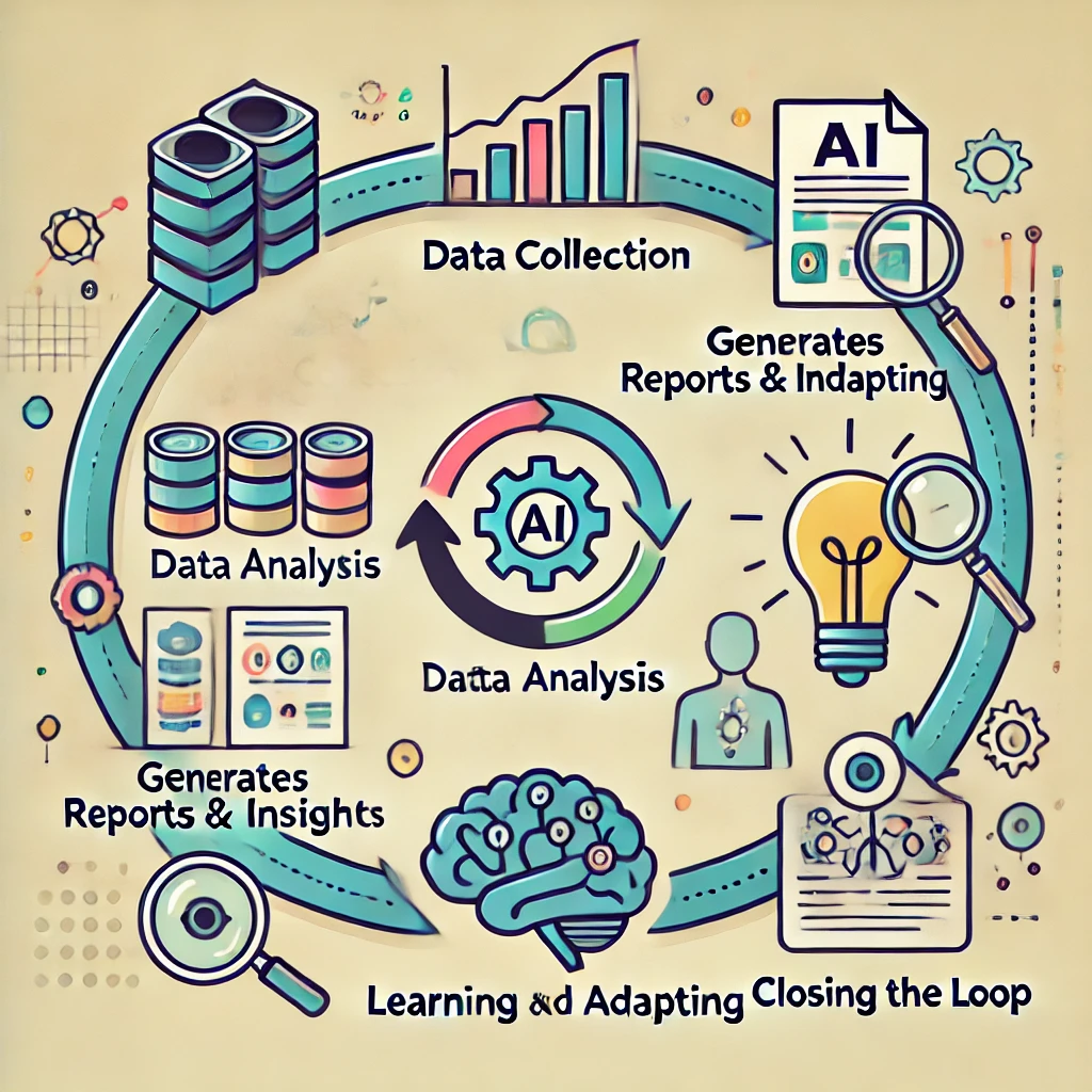 A simple, clean diagram representing the stages of the AI Feedback Loop. It shows five stages: Data Collection (represented by a database icon), Data Analysis (symbolized by a magnifying glass), Generates Reports & Insights (depicted with a report icon), Learning and Adapting (shown as a brain or machine), and Closing the Loop (illustrated by a completed circle). The design is minimal and easy to follow, visually guiding the user through the process.