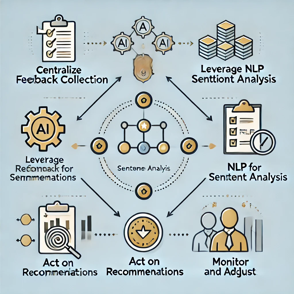 A simple and clean diagram representing the four steps to implement an AI feedback loop in business. The steps include: "Centralize Feedback Collection" with a feedback icon, "Leverage NLP for Sentiment Analysis" with a sentiment analysis icon, "Act on Recommendations" with a checklist or action icon, and "Monitor and Adjust" with a monitoring or adjusting icon. The design is modern, professional, and easy to follow.