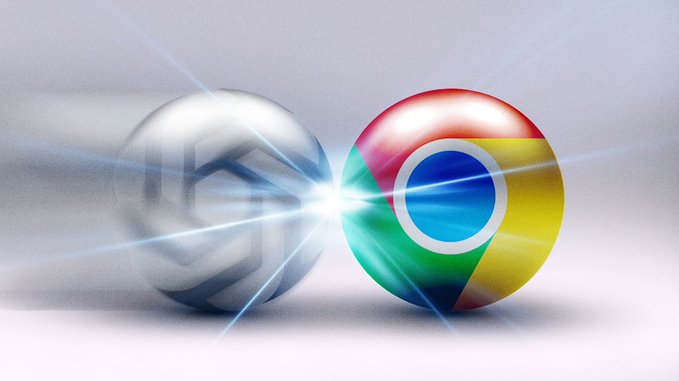 Conceptual image depicting OpenAI's logo next to Google's Chrome logo, with bright beams of light symbolizing competition and innovation in the AI and web browsing space. The visual represents OpenAI's growing ambitions to challenge Google's dominance in search technology.