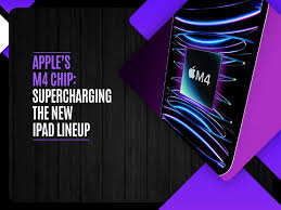 Illustration showing Apple's M4 chip, with glowing lines and abstract graphics emphasizing its power and the phrase 'Apple's M4 Chip: Supercharging the New iPad Lineup.' The image suggests technological advancement and the enhanced capabilities of Apple's new chip.