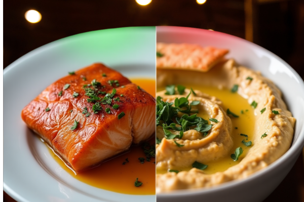 Comparaison visuelle entre un plat de saumon à faible marge et un houmous maison à haute rentabilité, illustrée par des étiquettes de profit en vert et rouge. Comparaison visuelle entre un plat de saumon à faible marge et un houmous maison à haute rentabilité, illustrée par des étiquettes de profit en vert et rouge.