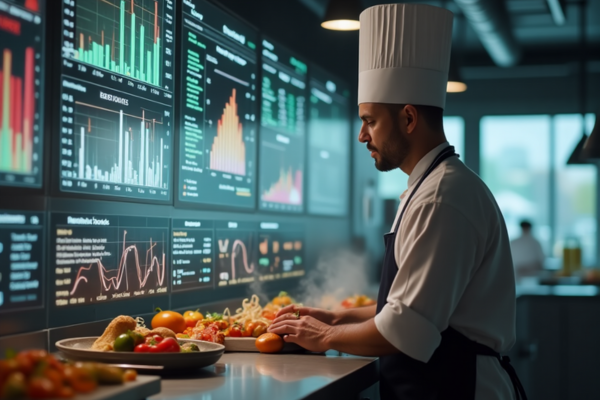 Chef en cuisine analysant des écrans numériques interactifs affichant des données de ventes, de rentabilité et d’ingrédients, illustrant l’optimisation du menu par l’IA. Chef en cuisine analysant des écrans numériques interactifs affichant des données de ventes, de rentabilité et d’ingrédients, illustrant l’optimisation du menu par l’IA.