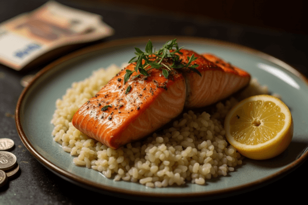Plat de saumon gastronomique servi sur un lit de billets en euros, représentant un plat populaire à faible marge de profit. Plat de saumon gastronomique servi sur un lit de billets en euros, représentant un plat populaire à faible marge de profit.