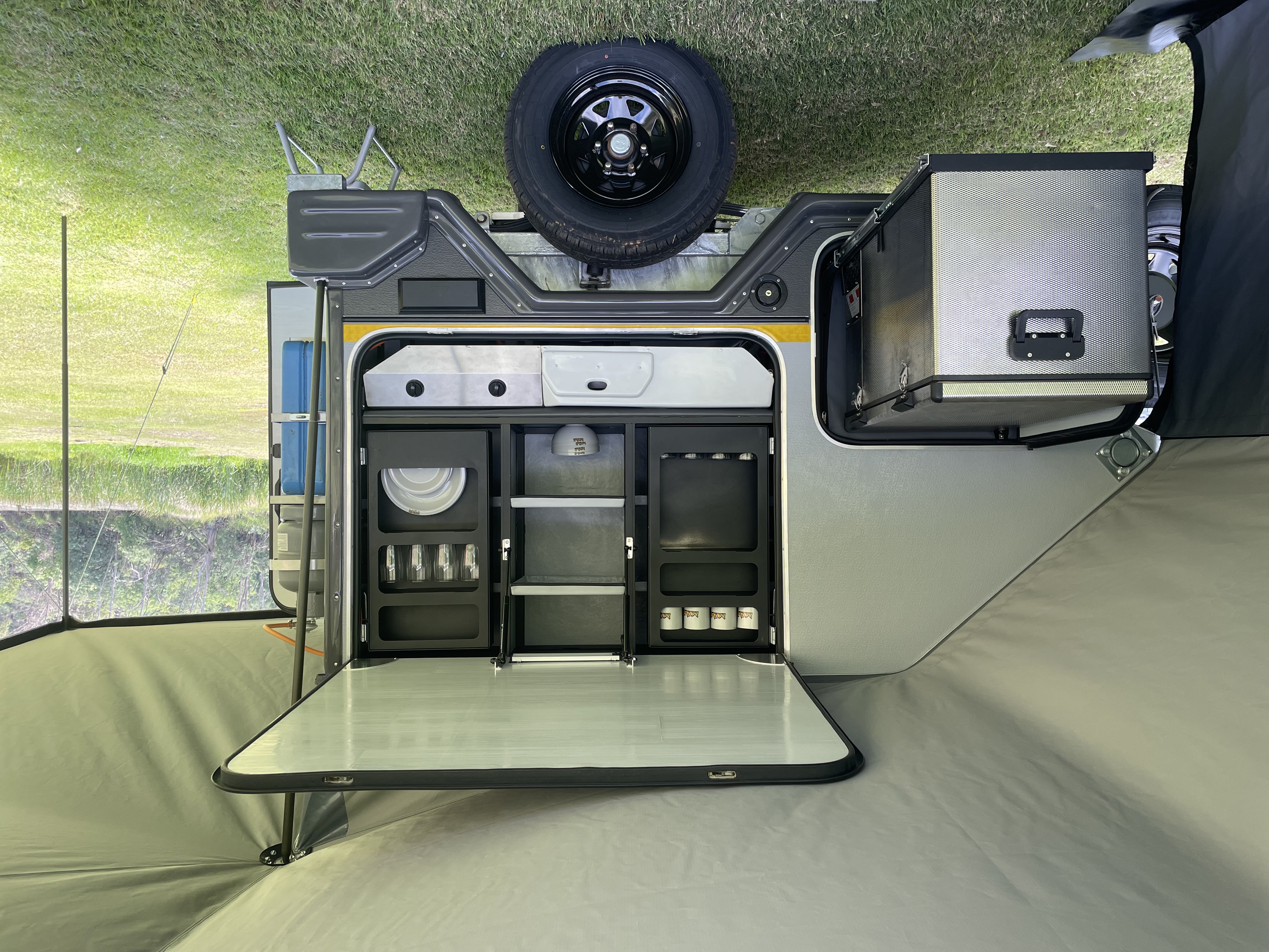 Slide-out fridge fully extended and open