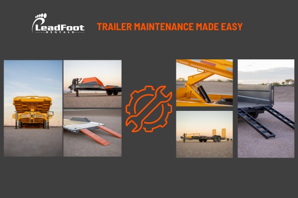 Collage of Leadfoot Rentals trailers featuring various models, including tilt decks and dump trailers, with the slogan 'Trailer Rental Made Easy' showcasing professional and reliable trailer rental services.