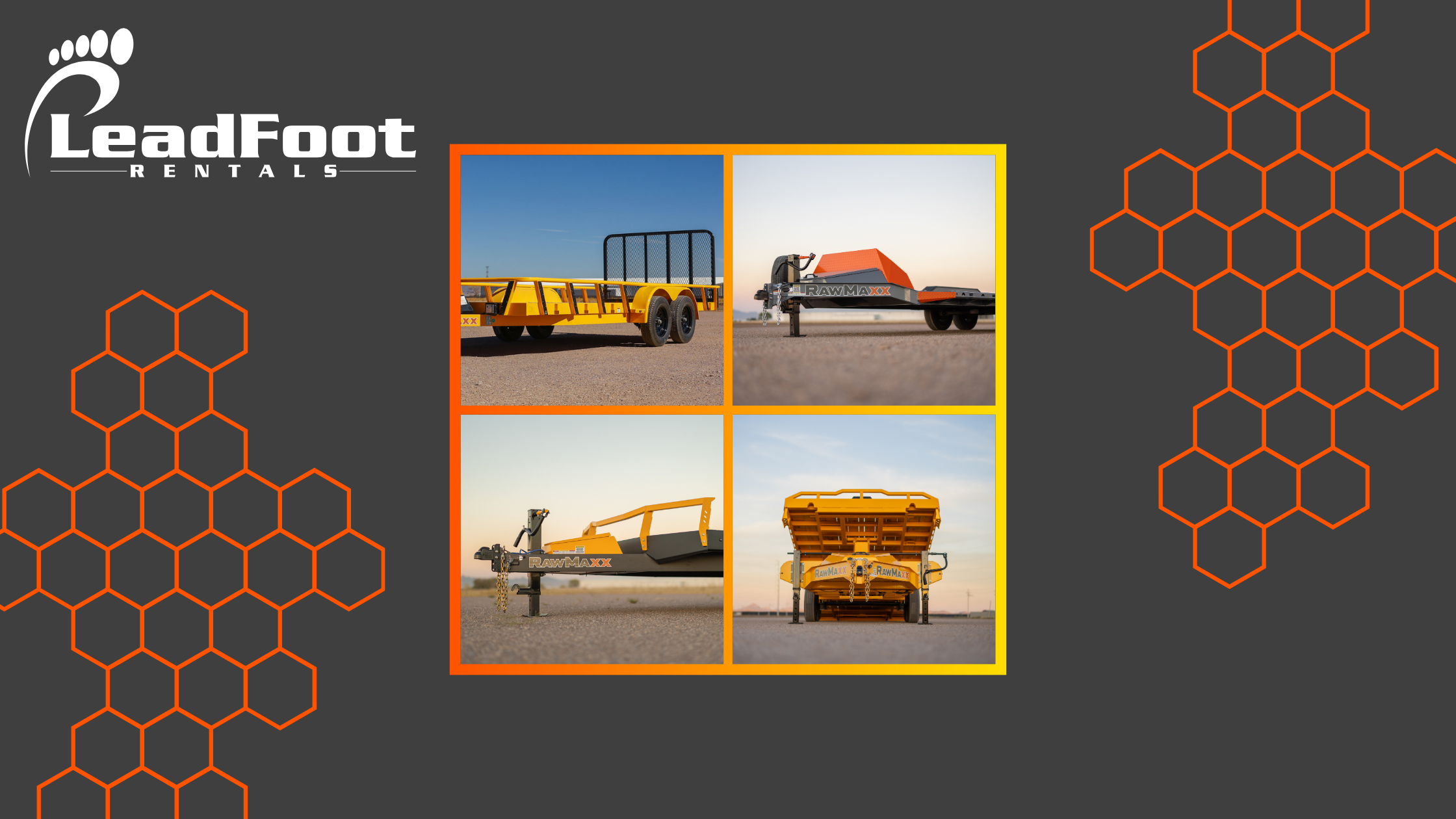 Leadfoot Rentals logo with brand colors featuring images of top trailer rentals. Leadfoot Rentals logo with brand colors featuring images of top trailer rentals.
