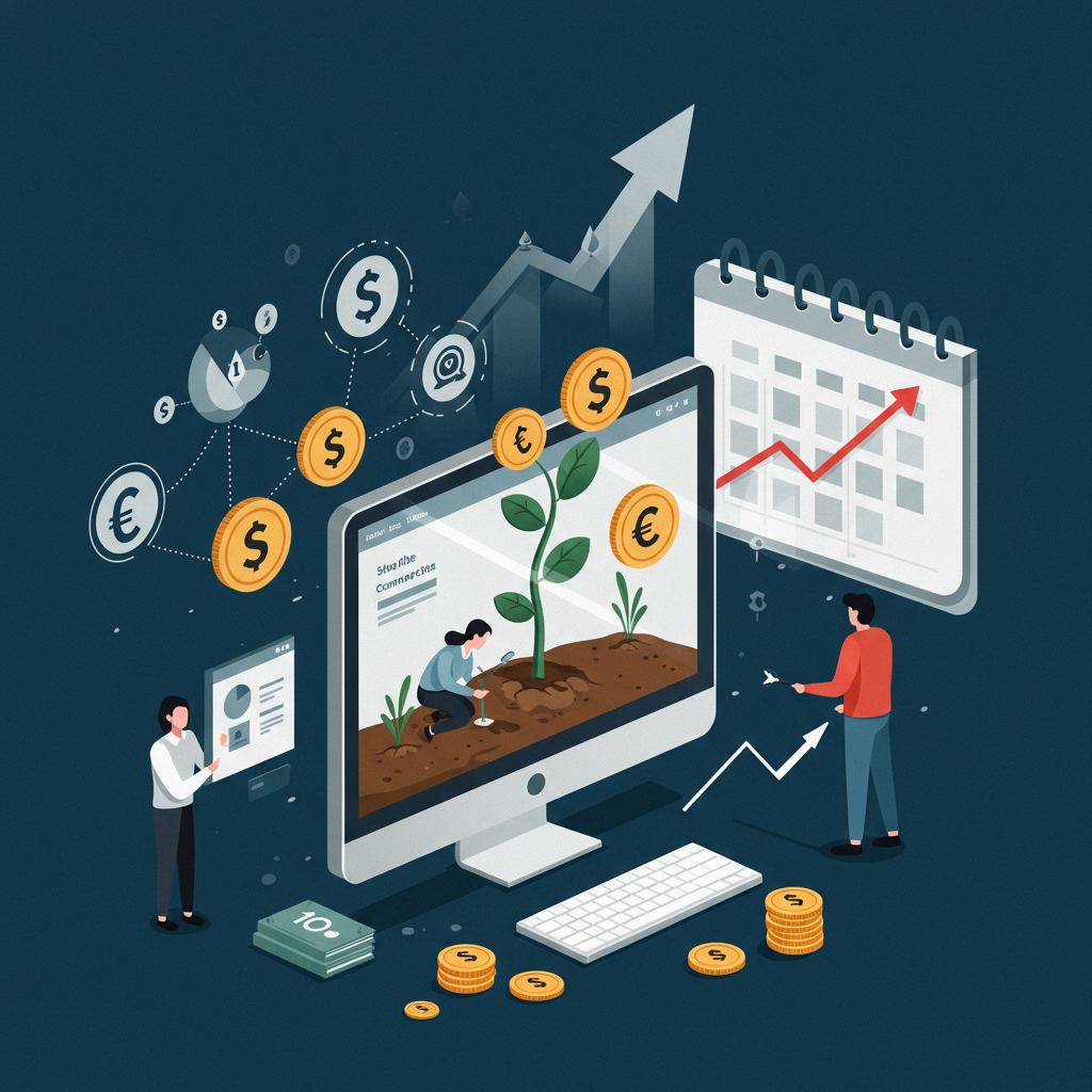 Datorskärm med växande planta och investeringsgraf i bakgrund Datorskärm med växande planta och investeringsgraf i bakgrund