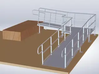 A sturdy aluminum modular wheelchair ramp leading to a home's entrance.