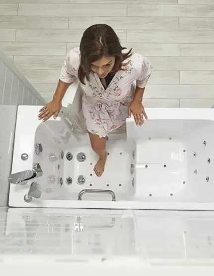 A modern, accessible bathroom with a walk-in tub.