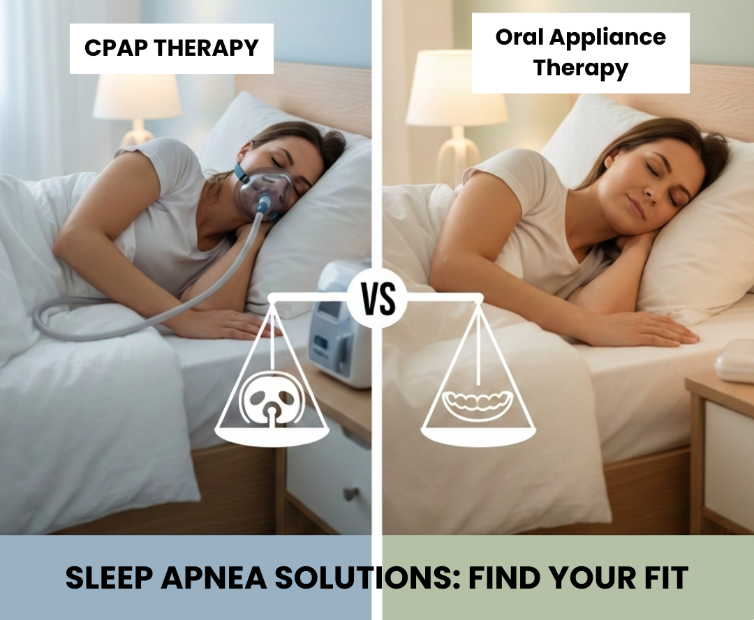a woman compares cpap therapy to oral appliance therapy to find what works best for her