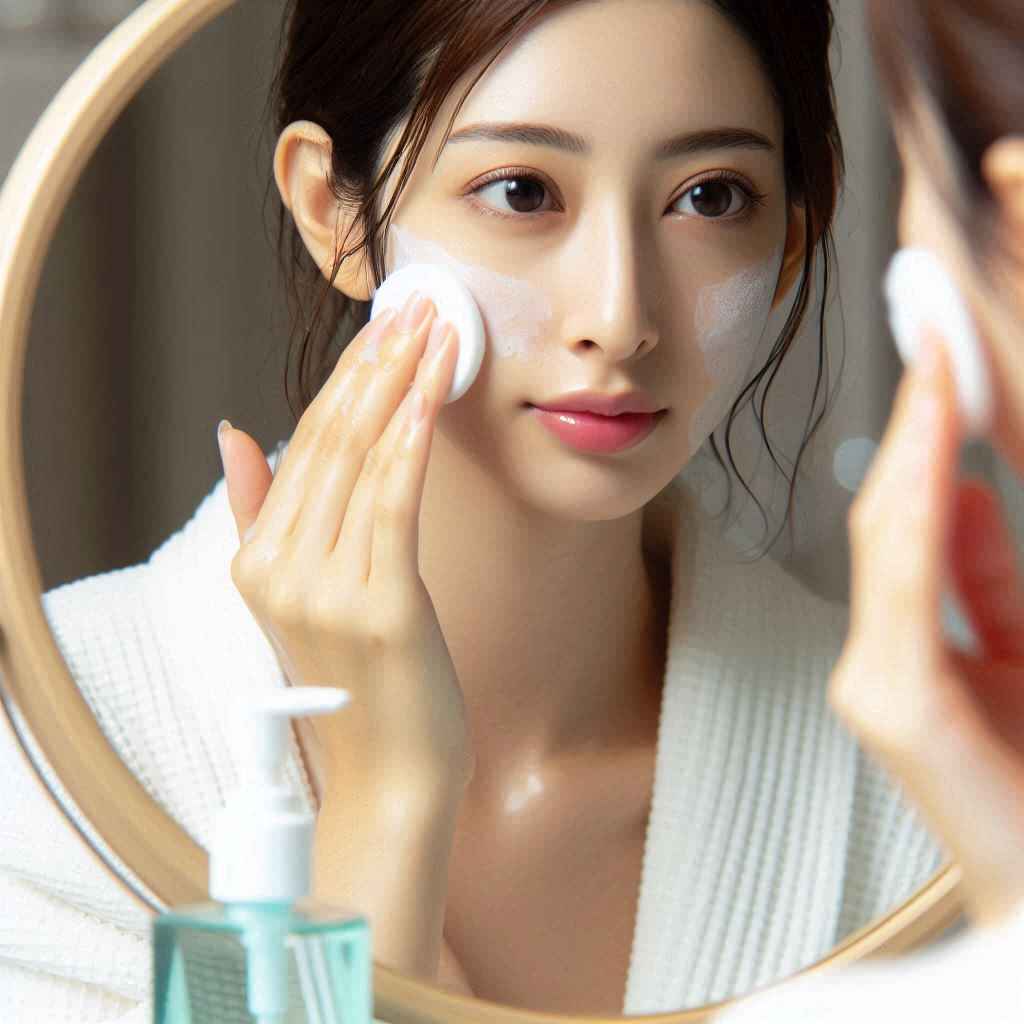 a woman cleansing her face