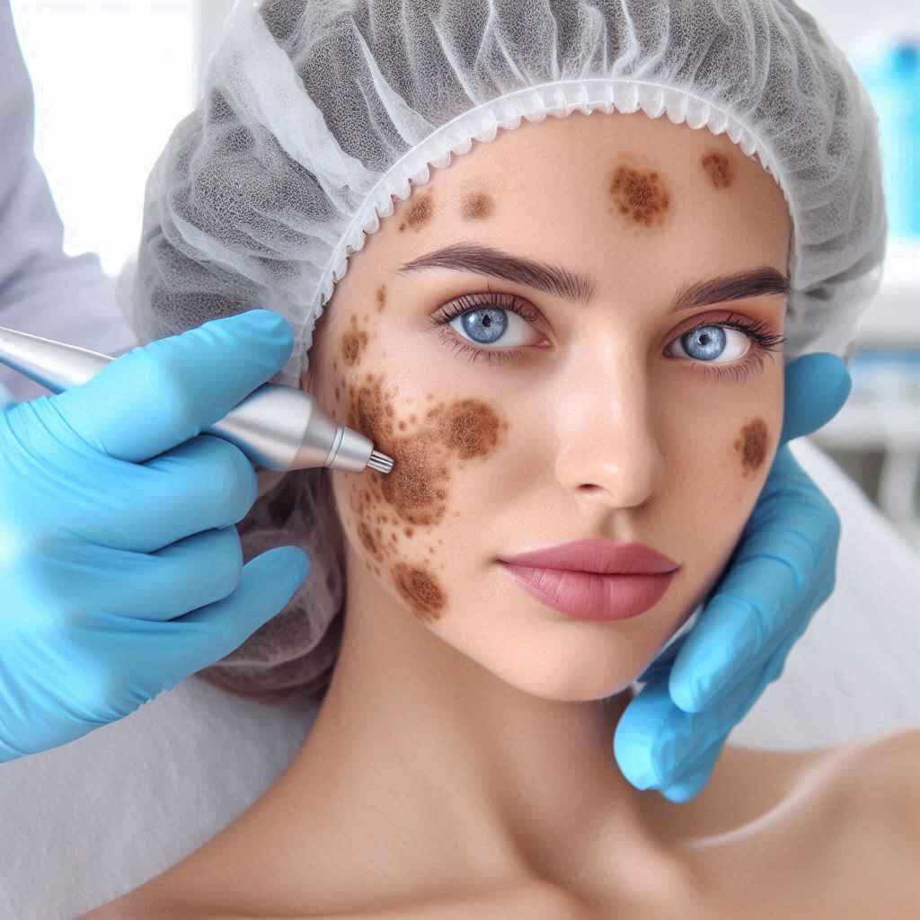 A woman at My Skin St Pete clinic undergoing treatment for age spots on her face, with Leah Michel NP, who specializes in dermatology, applying a laser device to her skin.