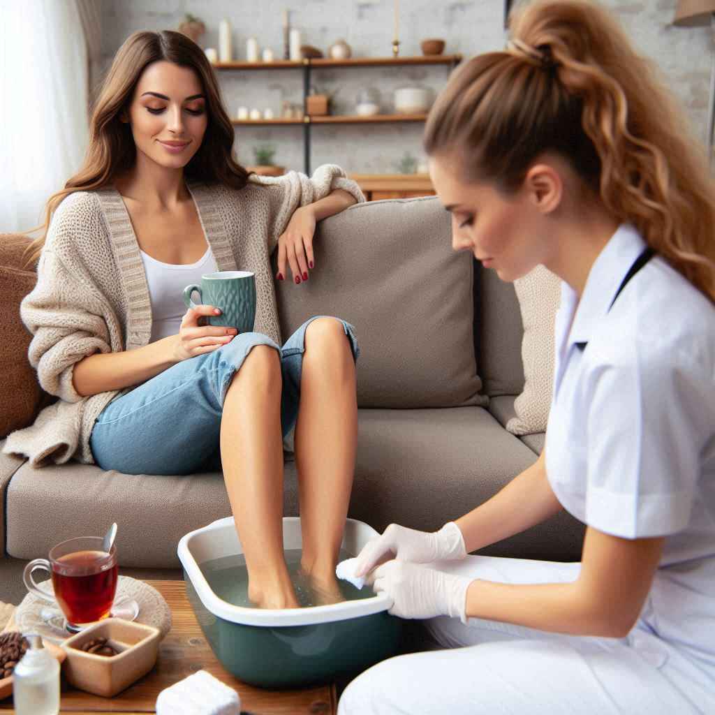 Close-up of a woman sitting on a treatment table at My Skin St Pete dermatology clinic, applying antifungal cream to her foot, illustrating the process of managing athlete's foot infection.