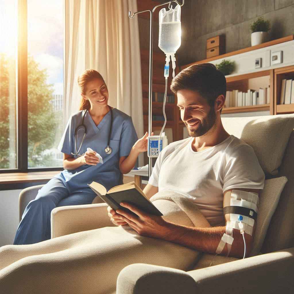 A man with a nurse by his side feels relaxed and satisfied having his IV therapy at My Skin St Pete.