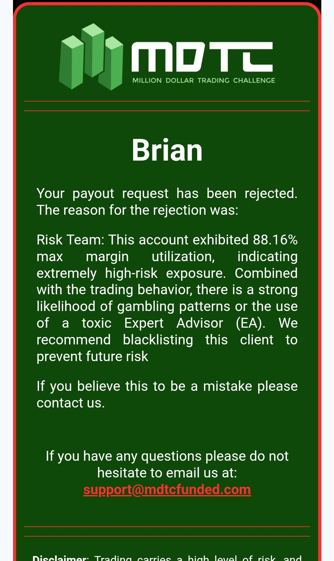Million Dollar Trader Challenge Payout Denied by Risk Team (Scam)