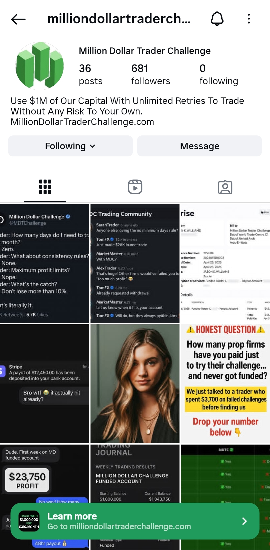 Million Dollar Trader Challenge Instagram - Scam Posts