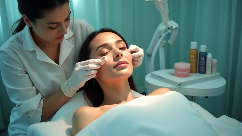 A skincare professional discussing treatment options with a client in a bright, modern clinic setting