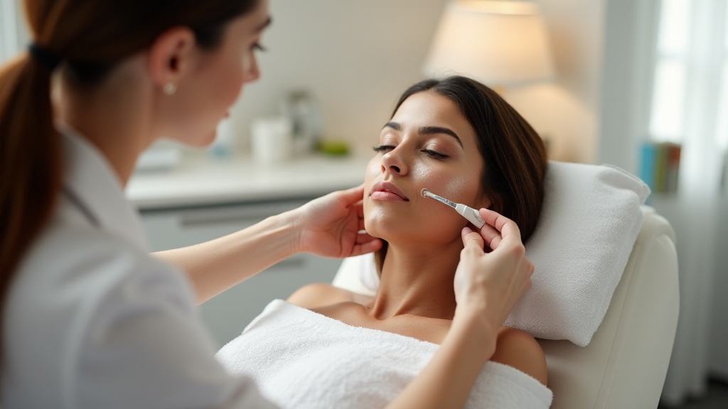 Aesthetic professional administering a chemical peel to a client in a spa setting